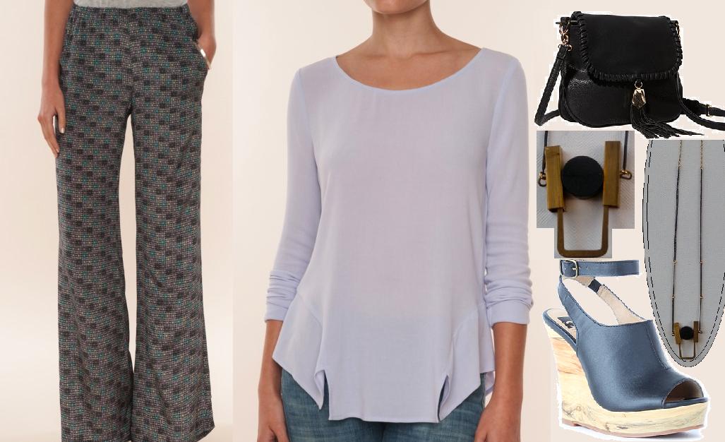 Ella Moss Printed Pant and Lavender top; Big Buddha bag; Alchemilla Dark Moon Necklace; BC Minute by Minute wedge