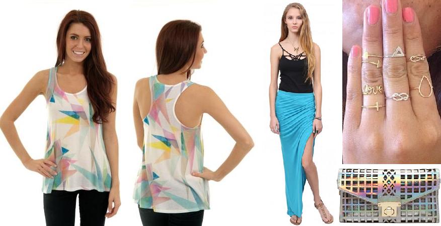 Karlie art tank; Gentle Fawn Lavish skirt; Cloverpost rings; Melie Bianco Rhiana clutch