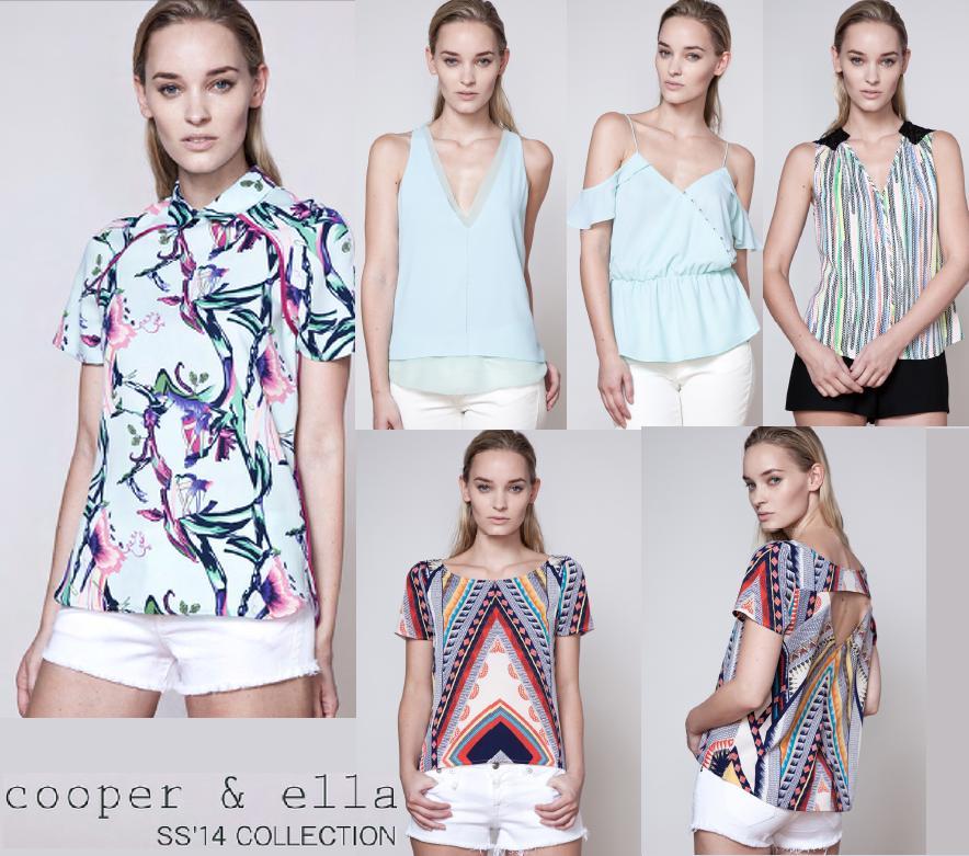 Tropical print top available in style shown bottom right; double layer v tank available in fuschia; ruffle hem cold shoulder available in navy; aztec print top as shown