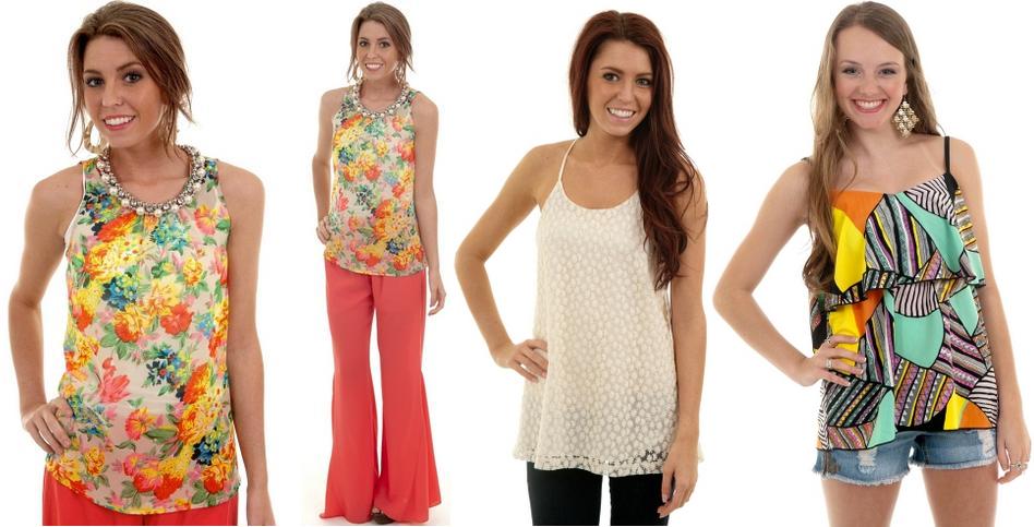 Floral top with jewel neck; Ivory embroidered flower cami; Multi Print flutter tank