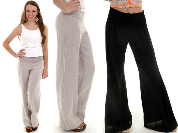 Karlie roll waist linen pant in khaki; Karlie chiffon smock waist pant (lined to thigh)