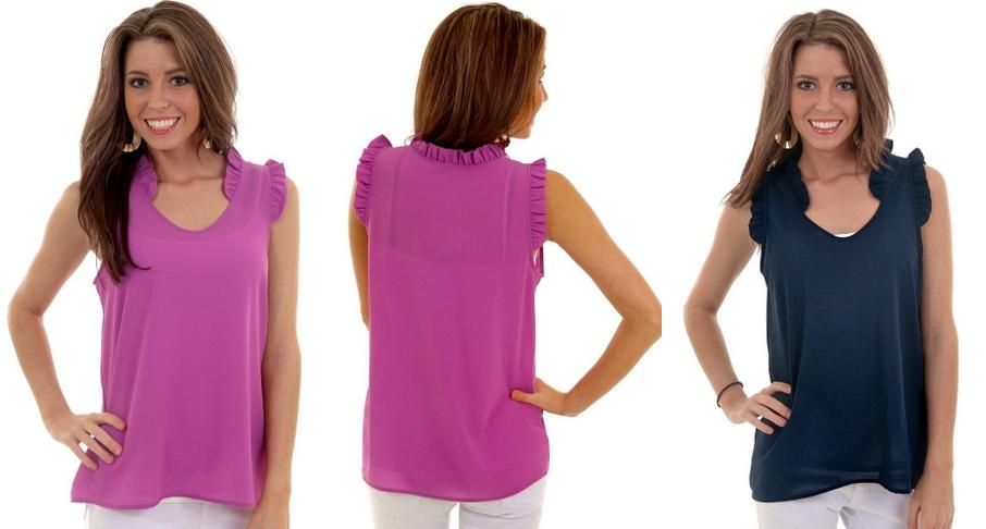 Ruffle sleeve top available in Orchid and Navy