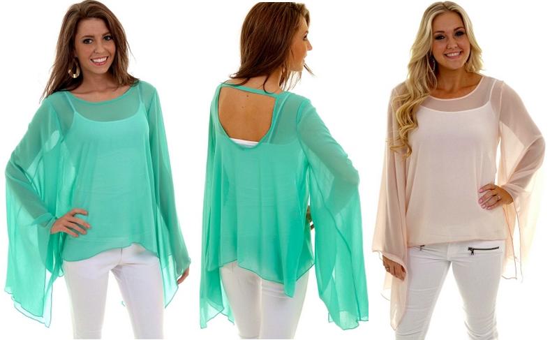 Bell sleeve sheer top available in Mint and Blush