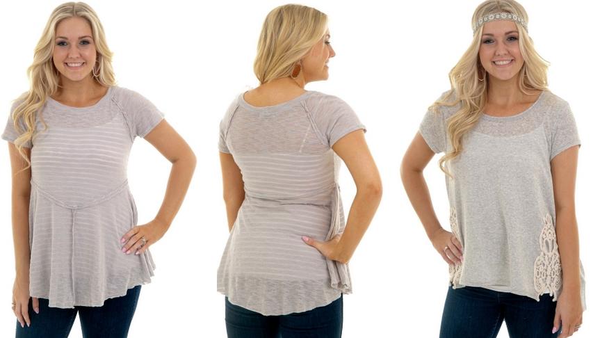 Grey/Blush stripe seamed top; Grey tunic with crochet