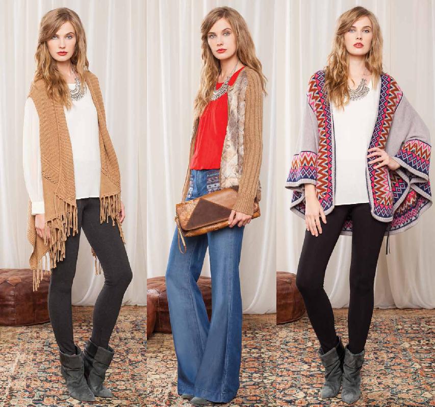 Sweater available in Oatmeal; Top available in Red; Poncho available as shown