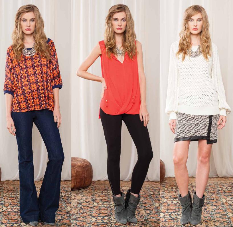 Orange/Navy print top available as shown; Red tank; Sweater available in Oatmeal and skirt as shown