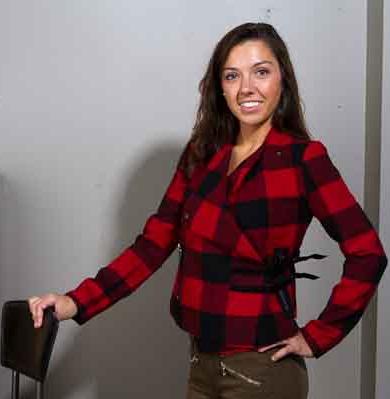 Red Plaid Jacket by BB Dakota; Olive Twill Zip Moto Pant by Joe's Jeans; Michael Stars White Tank