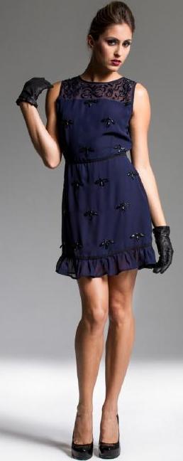 Navy Flower Sequin Flounce Hem Dress