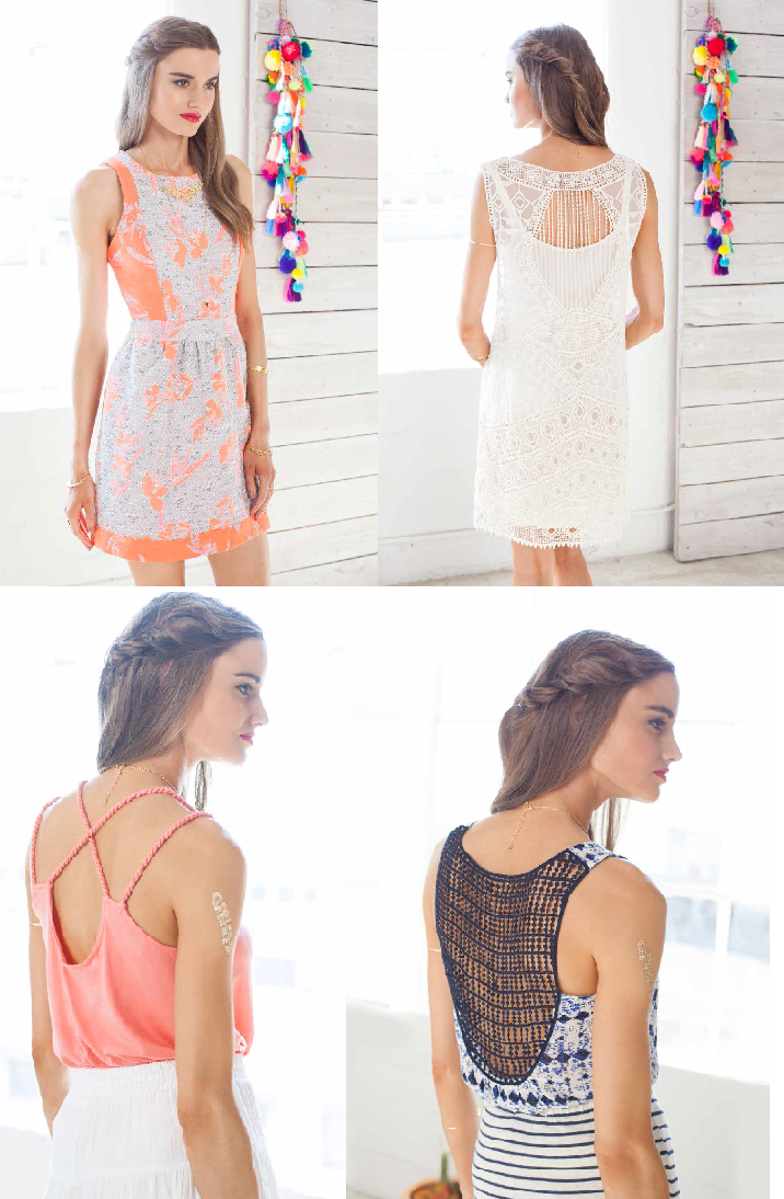 Dahlia print dress in nectar; Lupita dress in natural; Bella tank in nectar with Rosie skirt in white; Cortez tank in indigo all available at Sachi.
