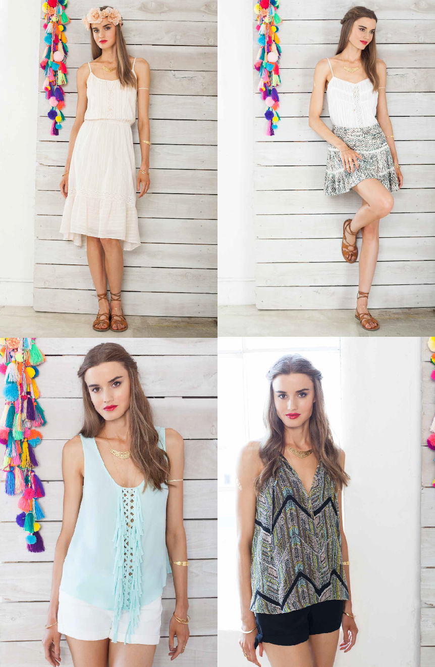 Blanca nude cotton sundress; Catalina prailine print skirt; Stella aloe fringe tank; Mazatlan print tank all available at Sachi.