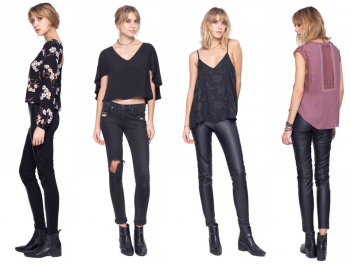 Ritz Open Back Top in Deco Floral; Allure Top in Black; Brocade Top in Black; Jasmine Top in Mulberry